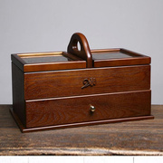 针线盒复古木质化妆品收纳盒家用针线盒有盖梳妆台大号木制