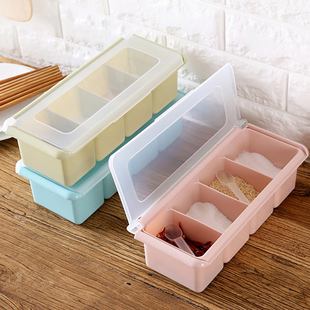家用创意厨房调料盒调味罐翻盖调味瓶塑料套装味精盐盒四格式带勺