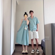 小众设计感情侣装夏季2024韩版短袖衬衫男女连衣裙法式一裙一衣潮
