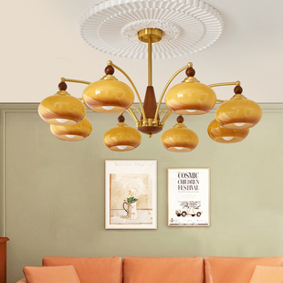 美式复古黄铜吊灯客厅餐厅，卧室书房中古日式实木玻璃柿子灯具