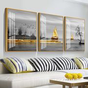 客厅装饰画沙发背景墙新中式，挂画三联画金山水晶瓷画现代轻奢壁画