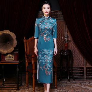 老上海真丝旗袍2024年春秋，长款七分袖大码妈妈，装日常复古国风