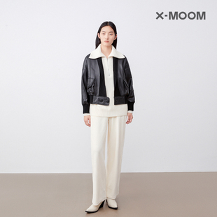 商场同款X--MOOM春秋休闲女士外套局部拼接设计短款皮衣女
