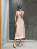 《微语佳人3》夏季芭蕉叶印花无袖系带收腰真丝中长款连衣裙