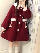 新年战袍韩系复古可爱少女甜美风减龄红色呢子拼接毛领大衣外套女