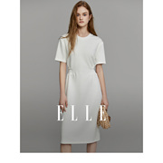 ELLE白色收腰设计感圆领连衣裙女2024夏季通勤风时尚简约裙子