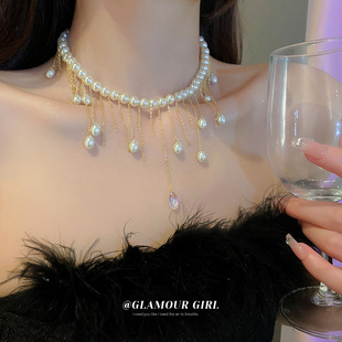 欧美夸张设计水滴珍珠流苏，项链小众ins颈链锁骨，链气质项饰轻奢女