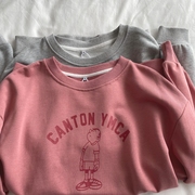 canton 灰色/水粉色卡通字母印花毛圈棉圆领宽松套头卫衣女