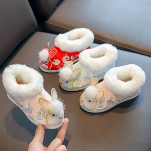 女童汉D服鞋冬季拜年鞋儿童绣花鞋加绒加厚保暖棉鞋中国风古装布