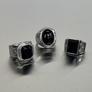 欧美黑宝石戒指男女，潮牌个性气质椭圆形霸气，双龙钛钢指环男士镶钻