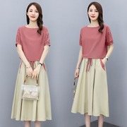 棉麻连衣裙女2023夏季韩版宽松大码女装半身裙亚麻裙子两件套
