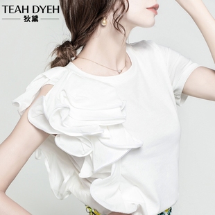 韩系少女感立体斜裁荷叶，边短袖白色飞飞袖上衣，t恤夏欧洲洋气小衫