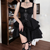 亚比风lolita黑色肌理感吊带连衣裙V领洛丽塔公主裙蛋糕裙小黑裙