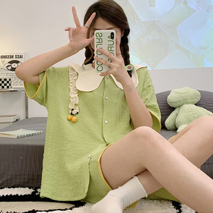 绿色清新睡衣女夏季纯棉绉布樱桃娃娃领褶皱花边短袖短裤两件套
