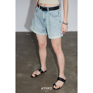ayuko夏季复古翻边高腰直筒，宽松浅色牛仔短裤，小个子女薄款阔腿裤