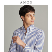 ANOS春季美式钉扣领蓝白条纹衬衫 复古男士商务休闲修身长袖衬衣