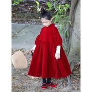 女童秋冬连衣裙红色本命年裙子，黑色泡泡袖亲子装，中大童丝绒生日裙