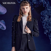 vjcolivia2023秋冬黑色西装，泡泡袖烫钻外套，中长款通勤休闲女