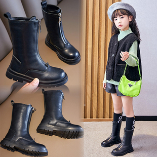 女童真皮靴子2024年秋冬儿童，马丁靴英伦风单靴，女孩加绒中筒靴