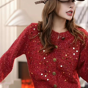 新年红色单排扣开衫毛衣女小个子秋冬亮片针织衫高级感短外套上衣