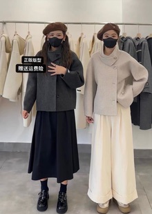 韩版宽松短款立领小个子，双面羊绒大衣女设计感羊毛呢外套秋冬