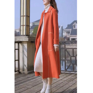 2021秋季橘色长款外套，女时尚长袖，风衣外衣显瘦