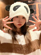 韩版可爱熊猫羊羔绒包头帽子女秋冬季保暖百搭卡通毛绒加厚套头帽