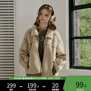 owox美式复古拼接羊羔毛绒外套，女2024冬季宽松翻领棒球服棉衣