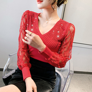 2024春秋龙年红色烫钻性感蕾丝拼接长袖T恤女气质修身显瘦上衣潮