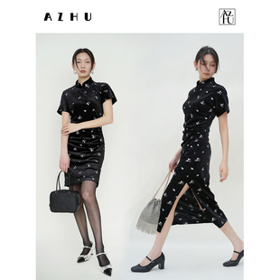 azhujue美新中式刺绣，弹力丝绒旗袍，女新中式黑色连衣裙长短款