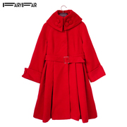 冬季fairyfair正红色，高端立领显瘦裙式长款气质毛呢大衣