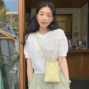 韩国chic夏季甜美圆领，套头设计感镂空提花，泡泡袖薄款针织衫上衣女