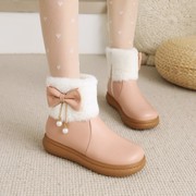 儿童棉靴小女孩防滑软底加绒加厚雪地靴粉色蝴蝶结，流苏公主鞋皮靴