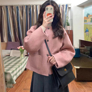 高级感粉色毛呢外套，女短款秋冬装韩版小个子，文艺复古呢子大衣