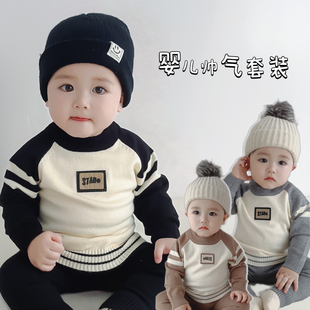 新生婴儿套装秋冬男宝宝，帅气字母毛衣保暖线衫针织，长裤两件套装潮