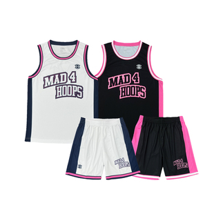 madhoops美式版复古篮球服，套装辣妹玫红篮球圆领，运动背心短裤