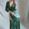 大码女装连衣裙胖妹妹显瘦深绿复古长裙中式简洁提花缎显瘦青1923