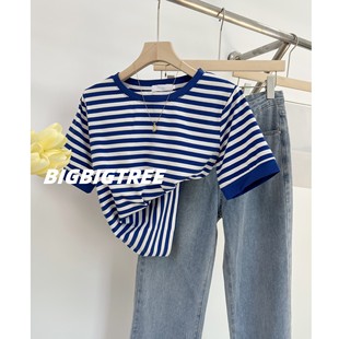 蓝色条纹短袖t恤女夏季海魂衫，设计感法式短款上衣学院运动风体恤