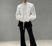 2024夏季VIVI欧版抽褶设计白色防晒褶皱上衣女设计感小众黑色衬衫