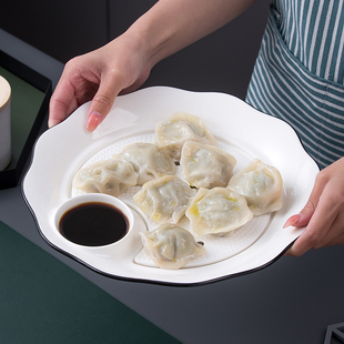 富彩陶瓷家用饺子盘，简约双层沥水饺子盘子带醋碟水饺专用盘蒸鱼盘