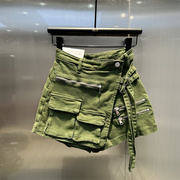 军绿色牛仔裤裙2024年夏季洋气时尚包包口袋拉链装饰弹力短裤
