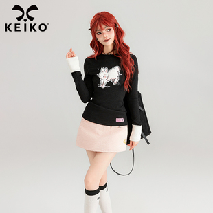 keiko可爱卡通兔兔绣花长袖t恤女2024春季修身显瘦黑色打底上衣