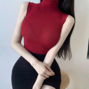 韩国东大门女装2021夏季性感女人酒红色高领薄款微透无袖t恤