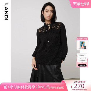landi蓝地2023春季黑色中式小立领蕾丝衬衫女长袖雪纺衫上衣