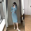 FT GUOGE蓝色针织连衣裙女2021秋装长袖修身显瘦气质过膝长裙