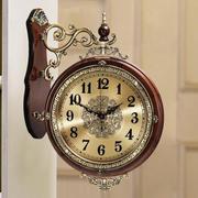 欧式双面客厅挂钟静音两面时钟实木复古石英钟表墙壁钟表时尚创v