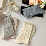 夏季薄款镂空袜子女中筒袜甜美木耳花边堆堆袜纯色芭蕾风少女棉袜