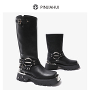 pinjiahui 粗跟厚底真皮高筒靴2024搭扣西部牛仔靴骑士时装靴