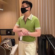 法式浪漫个性荧光绿男士t恤短袖 时尚异色拼接色螺纹针织polo衫男