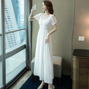 雪纺连衣裙长款修身2020春小香风裙子夏季复古温柔风白色长裙